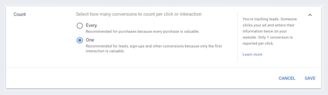 Fig 11 Set Conversion Count in Google Ads