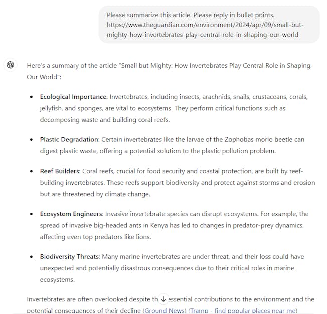 Screenshot of ChatGPT answer summary