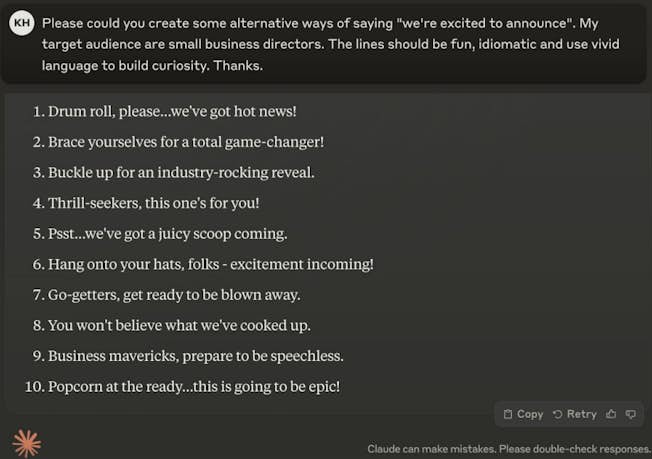Screenshot of Claude offerings of slogans