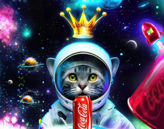 Image of cat in spacesuit with a Coke bottle