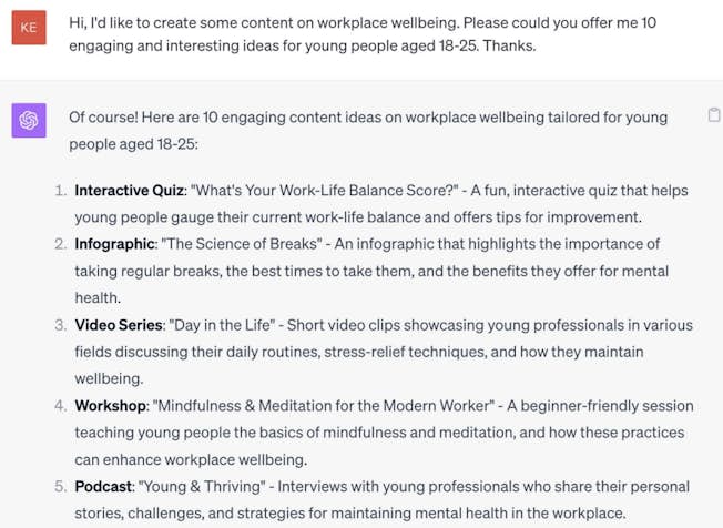 Screenshot of ChatGPT offerings of content ideas