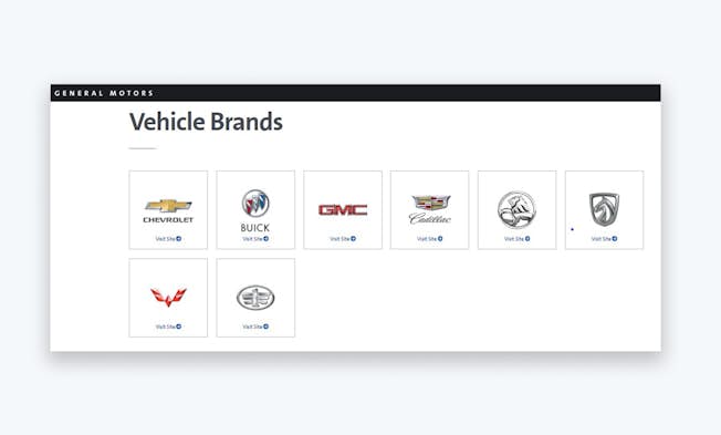 This screenshot from the General Motors website shows their selection of car brands. Credit: www.gm.com/our-brands