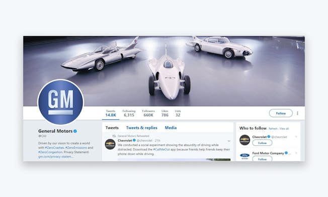 The General Motors Twitter account outlines the company culture and is visually impressive. Credit: https://twitter.com/GM?ref_src=twsrc%5Egoogle%7Ctwcamp%5Eserp%7Ctwgr%5Eauthor