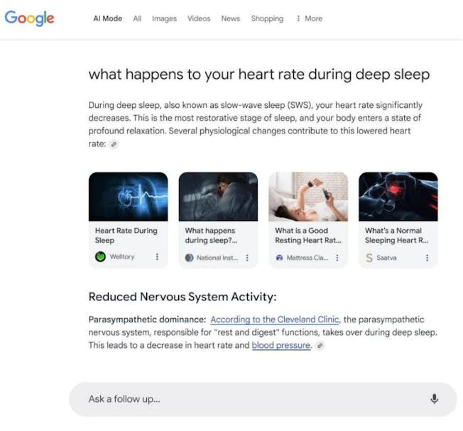 Google AI Mode response to a health-related search query
