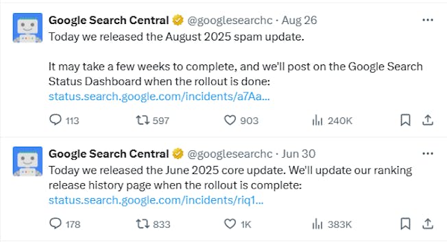 Google Search Central announcing algorithm updates, on X