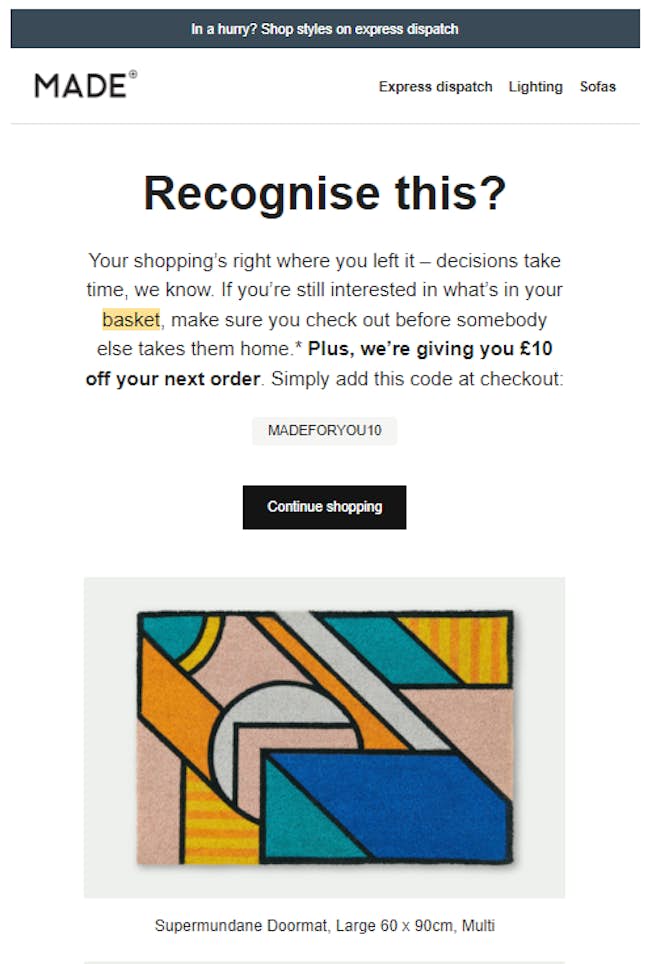 MADE cart abandonment email example