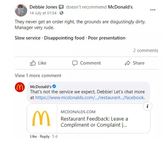 McDonald's response to a complaint