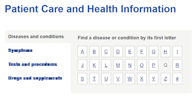Screenshot from Mayoclinic conditions list