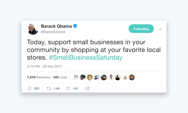 A tweet from President Barack Obama supporting Small Business Saturday. Source: Barack Obama Twitter account