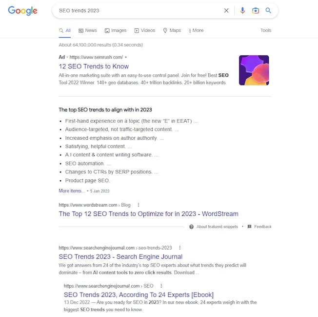 'SEO trends 2023' search results