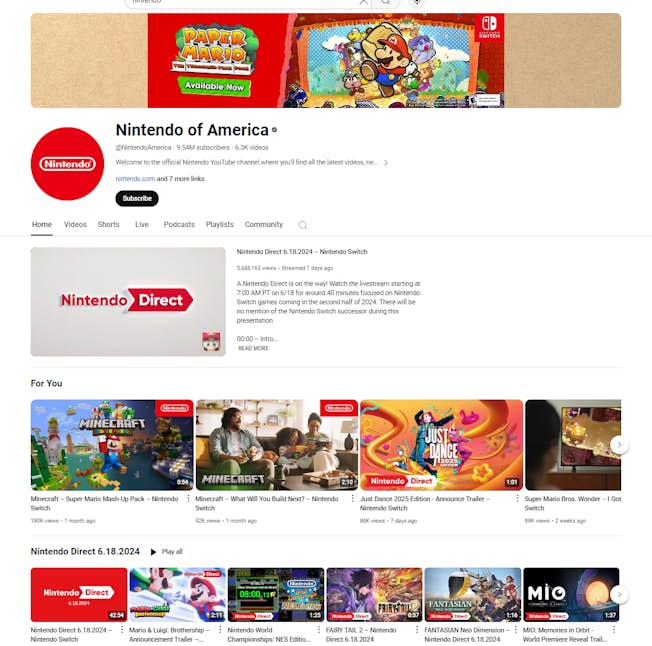 Nintendo YouTube page