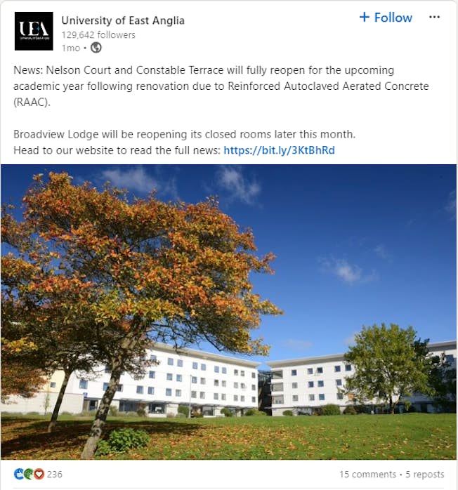 Screenshot of simple post from University of East Anglia
