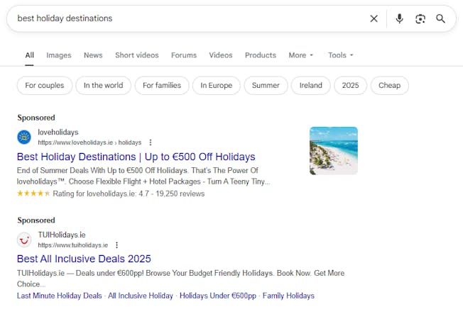 Sponsored results for the keyword: Best holiday destinations, Google