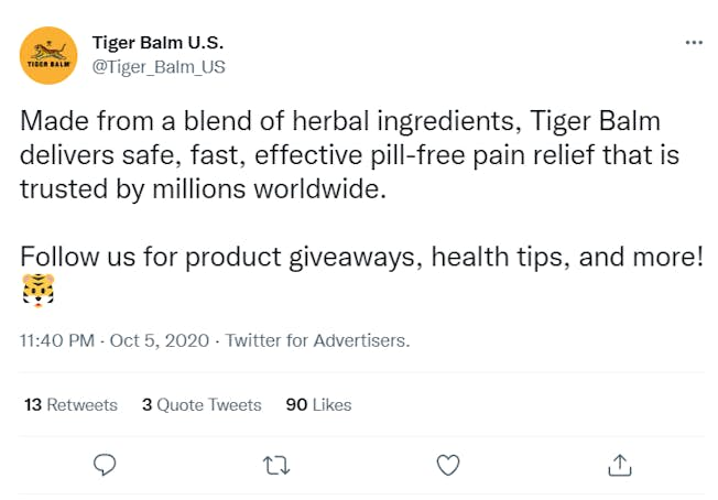 Tiger Balm follower tweet