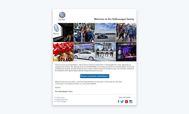 A subscriber welcome email from Volkswagen