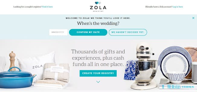 Zola registry landing page