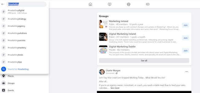 Facebook hashtag in search toolbar