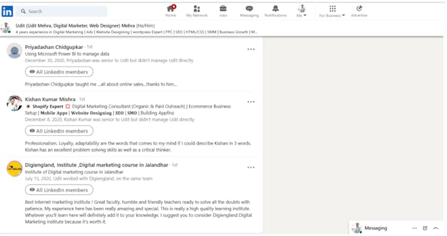 Example of testimonials on LinkedIn. Source: LinkedIn